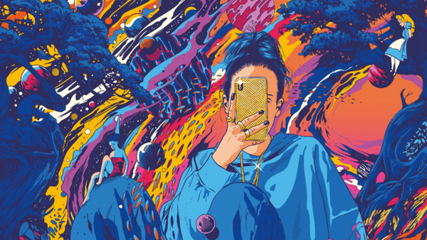 A person holds a phone, obscuring their face, against a vibrant, surreal background of swirling colors and abstract shapes. Trees and a small figure in a dress are included, creating a dreamlike landscape.