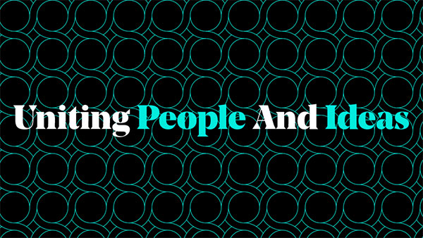 Text "Uniting People And Ideas" in bold white and turquoise font overlaid on a black background with a repeating pattern of interlocking circles.