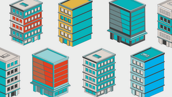Illustration of various colorful isometric buildings. Each building has a unique combination of red, blue, yellow, and gray colors with different designs, windows, and roof styles, arranged in a grid-like pattern on a white background.