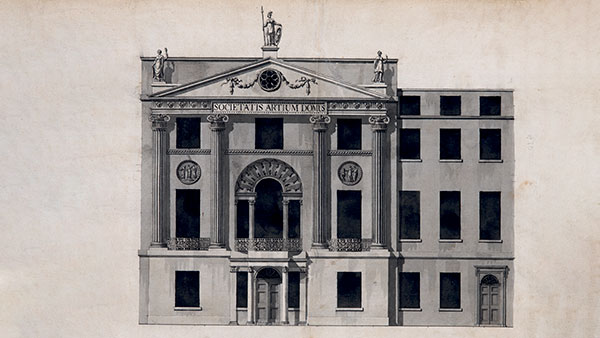 Architectural drawing of a classical building facade with columns, arches, and statues. The inscription "SOC.VET.ARTIUM LOND" is visible. The design features symmetry and ornamental details, emphasizing the grandeur of the structure.