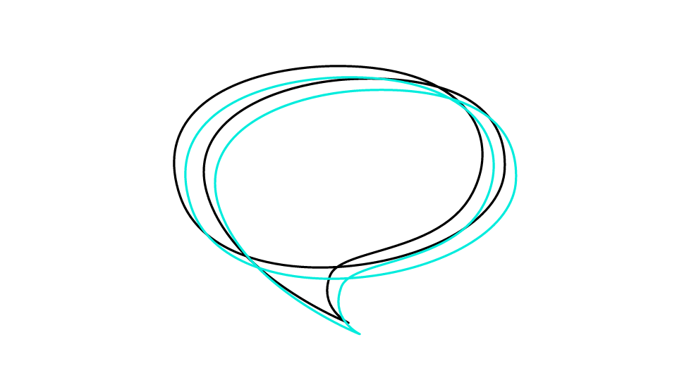 Abstract art featuring overlapping black and turquoise lines forming a speech bubble shape on a white background.