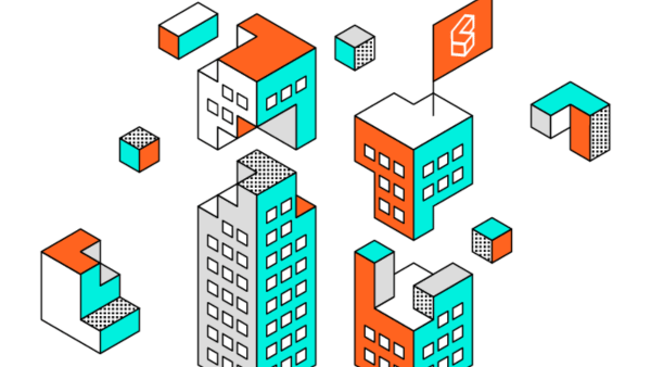 Illustration of stylized buildings, some with floating sections, in white, teal, and orange. A flag with a geometric symbol waves atop one building. Small cube elements float around the structures, creating an abstract, modern cityscape.