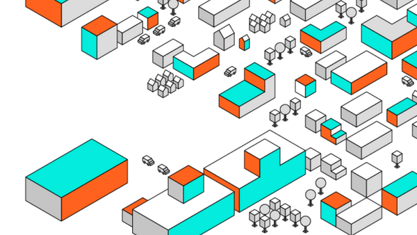 Isometric illustration of a cityscape with red and teal buildings, trees, and vehicles on a white background. The structures vary in size and shape, creating a geometric and colorful urban design.