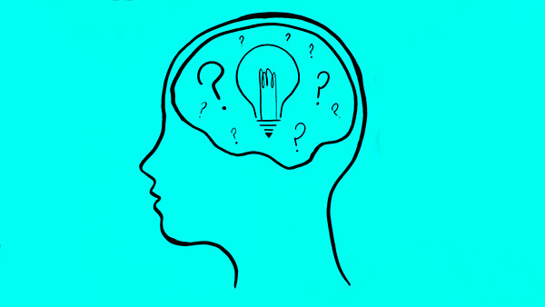 Silhouette of a human head with a light bulb surrounded by question marks inside, symbolizing creativity and problem-solving, set against a turquoise background.