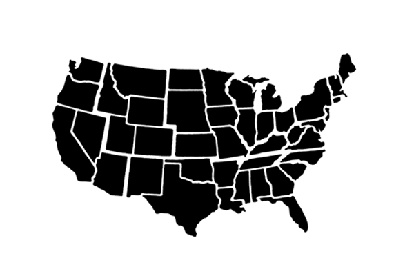 Silhouette map of the United States showing the outlines of all 50 states in black against a white background, providing a clear and simple representation of the geographic layout.
