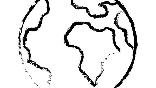 Black and white illustration of a globe featuring continents with minimal detail, including parts of South America and Africa, surrounded by ocean. The continents are outlined with a thin, black line against a white background.