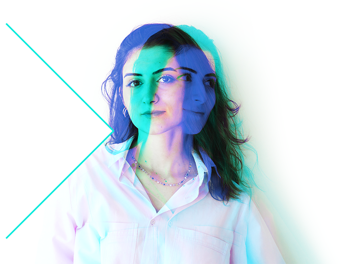 A woman with layered blue and pink overlays creating a double exposure effect. She is wearing a light-colored shirt and looking at the camera. A thin blue triangle outline is on the left against a plain white background.