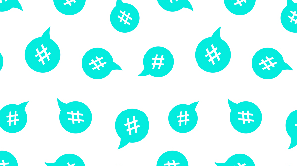 Pattern of teal speech bubbles on a white background, each containing a white hashtag symbol.