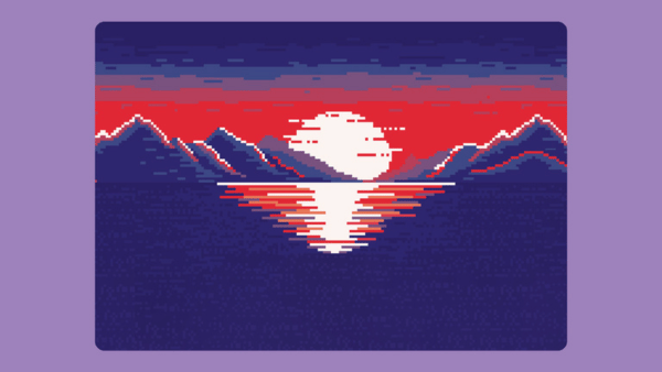 Pixel art image of a vibrant sunset over a mountain range. A large white sun sets between the peaks, casting a reflection on the water. The sky transitions from red to deep blue, creating a striking contrast against a purple border.