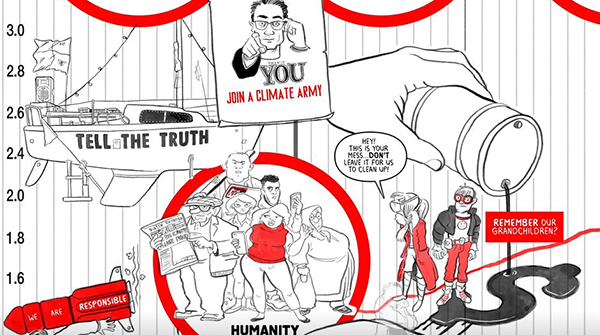 A hand with a megaphone points to a rising red graph line. People hold signs about climate action. Text on the megaphone says "Tell the Truth." A figure in a superhero costume holds a sign saying, "Remember our grandchildren?.