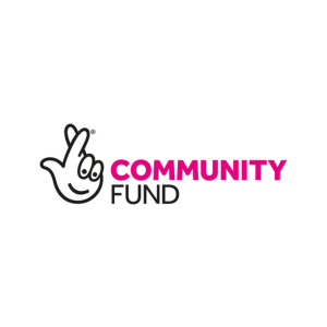 Logo of the Community Fund featuring a cartoon hand with crossed fingers on the left. The text "COMMUNITY" is in bold pink, and "FUND" is in black capital letters, placed to the right of the hand graphic.