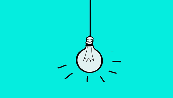A simple, hand-drawn illustration of a lit light bulb hanging from a cord against a teal background. Short lines radiate from the bulb, symbolizing light.