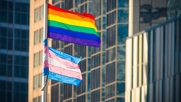 Two flags wave against a backdrop of modern buildings: the rainbow flag representing LGBTQ+ pride and the blue, pink, and white striped flag symbolizing transgender pride.