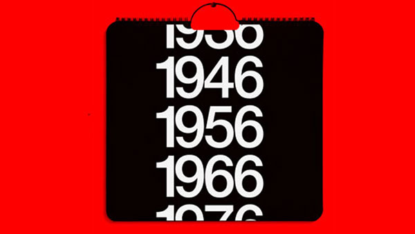 A calendar against a bright red background features a list of years in bold, white text. The visible years include 1938, 1946, 1956, 1966, and 1976.