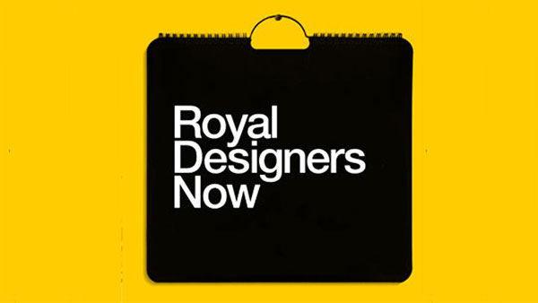 Black calendar-style cover with "Royal Designers Now" written in white bold letters. The background is bright yellow.