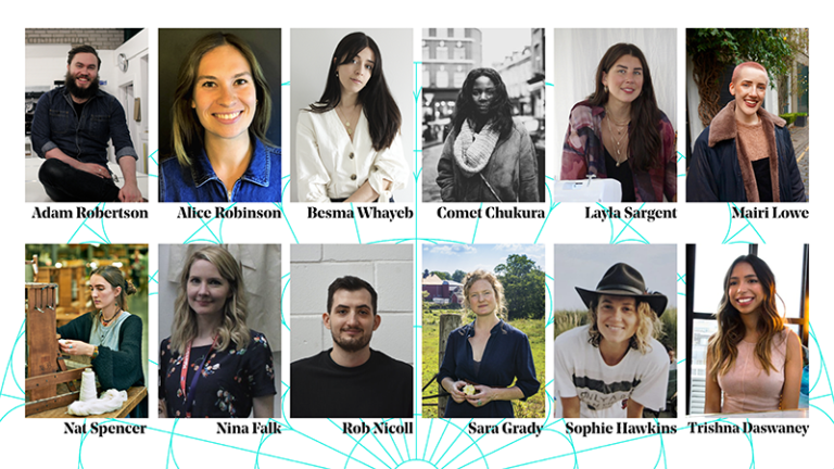 A collage of 12 people, each smiling, with their names below their images. The individuals have diverse backgrounds, and each photo features a unique setting. Names: Adam, Alice, Besma, Comet, Layla, Mat, Nat, Nina, Rob, Sara, Sophie, Trishna.