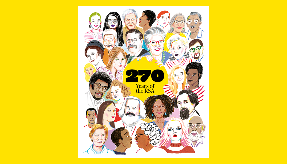 Illustrated portraits of diverse individuals surround the text "270 Years of the RSA" on a vibrant yellow background, showcasing a mix of ages, ethnicities, and styles.