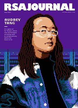 Cover of RSA Journal featuring a pixel art image of a person with long hair and glasses, wearing a jacket. The background is purple with white text: "AUDREY TANG.
