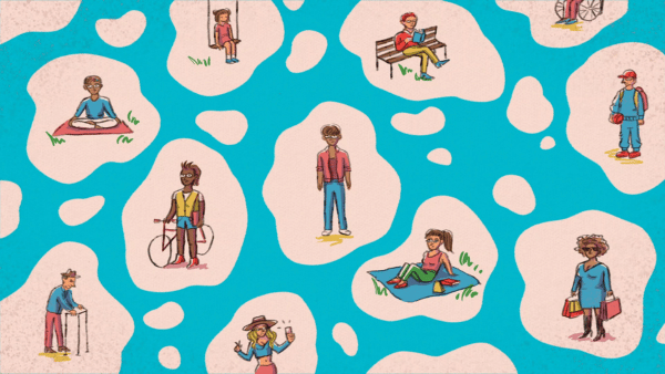 Illustration of diverse individuals engaged in various outdoor activities on islands surrounded by blue water shapes. People are biking, reading, sitting, walking, and using a laptop in a park-like setting.