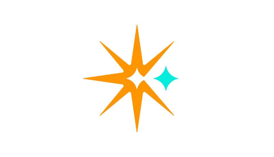 A stylized orange eight-pointed star next to a smaller turquoise four-pointed star on a white background.