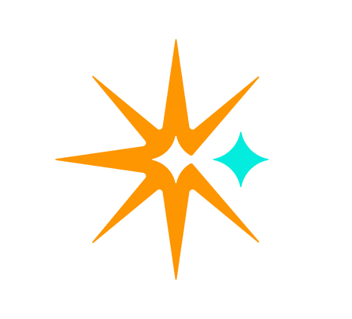 An illustration of an orange eight-pointed starburst with a smaller, overlapping turquoise four-pointed star on a white background.