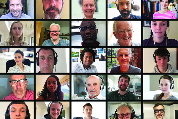 A grid of video call screens showing 25 diverse people. Each individual is in their own square, some wearing headphones, with various backgrounds indicating different settings like home offices and living rooms.