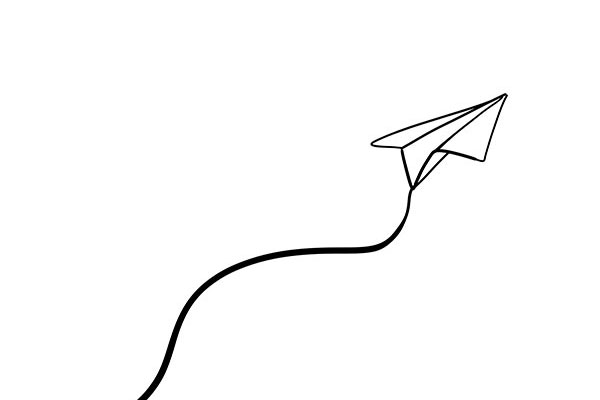 A simple black line drawing of a paper airplane flying diagonally. The trail behind it forms a curved line, suggesting movement. The background is plain white.