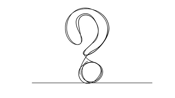 A hand-drawn, sketchy black question mark stands upright on a thin horizontal line against a white background.