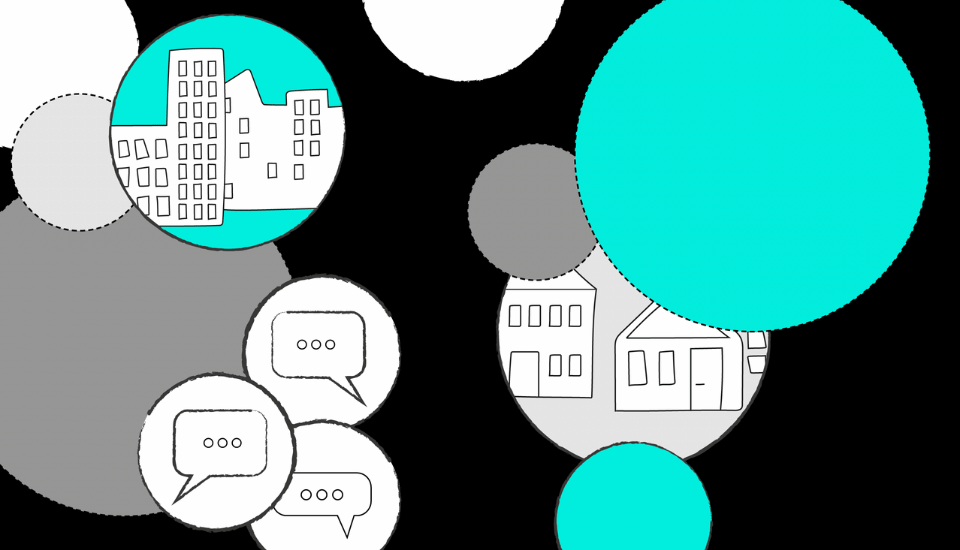 Abstract illustration featuring hand-drawn buildings and speech bubbles within overlapping circles of varying sizes. Circles are predominantly teal and gray with some white spaces. The design has a modern and minimalistic style.
