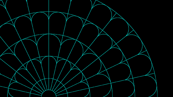 Abstract geometric design in neon blue against a black background. The pattern features semi-circular shapes arranged in a circular formation, radiating from the bottom left corner. The lines create a web-like, symmetrical appearance.