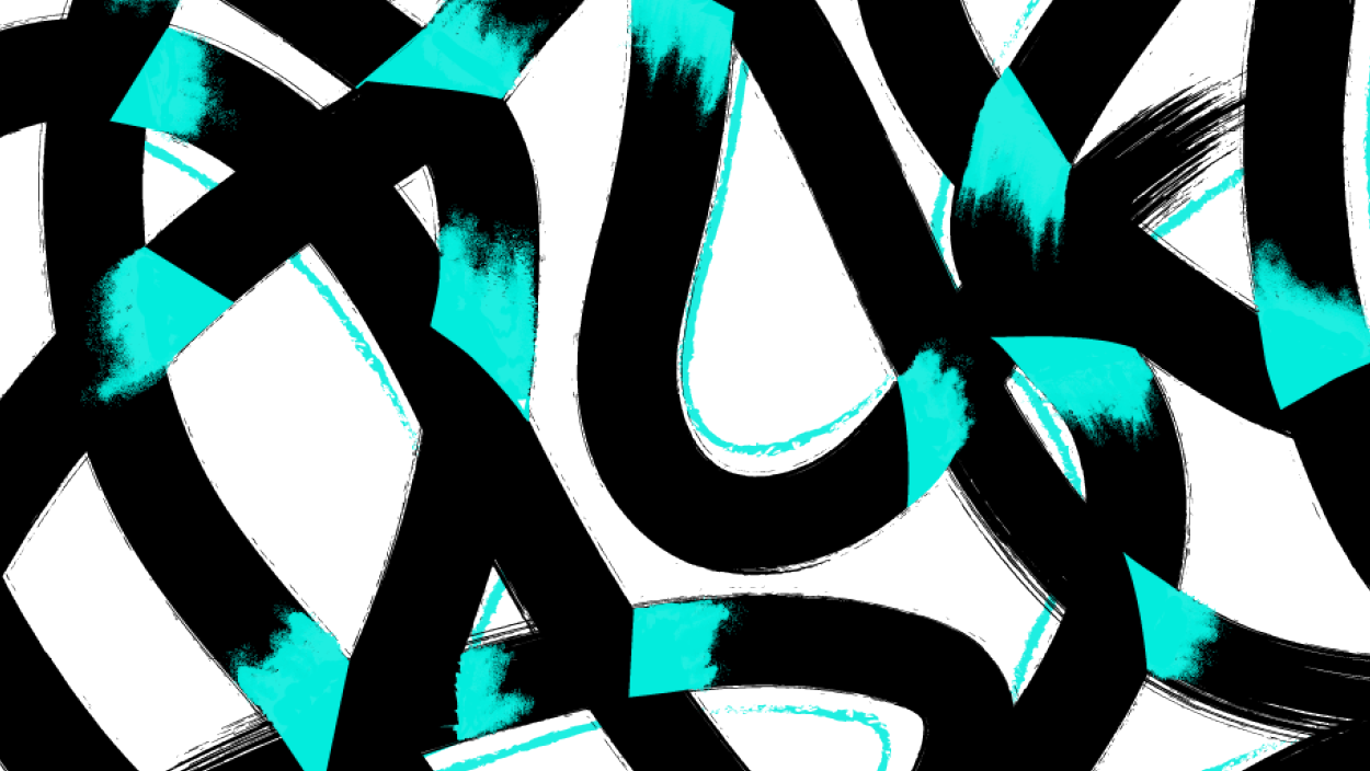Abstract artwork featuring bold black brushstrokes intertwined with bright turquoise streaks on a white background. The design creates a sense of motion and energy.