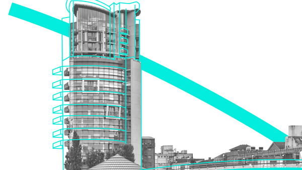 Modern architectural building with glass and steel elements, highlighted in teal lines, stands tall next to smaller structures. The background is a simple white, emphasizing the building's contemporary design.