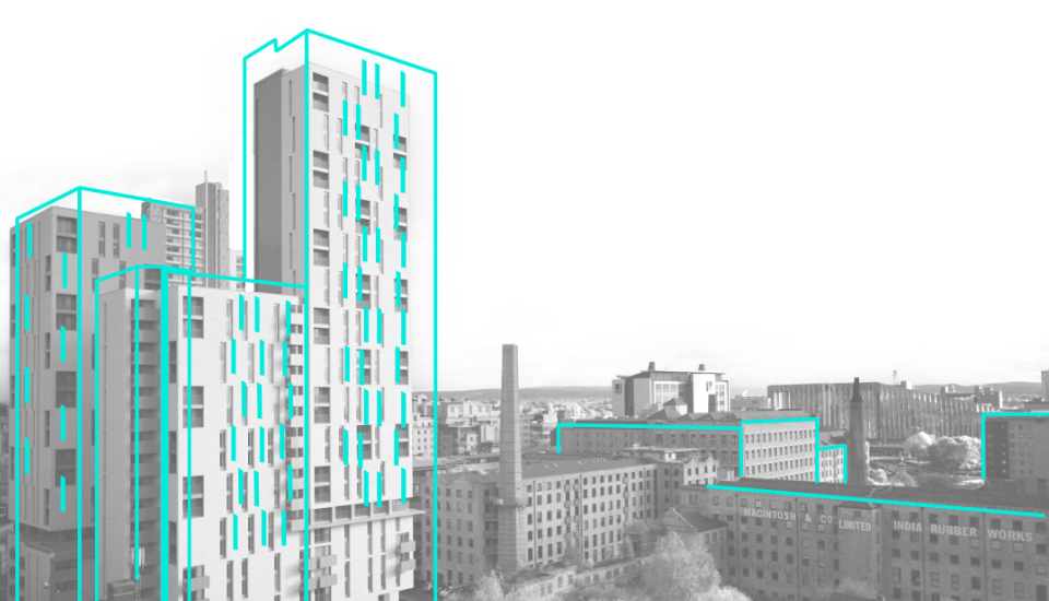 Black and white cityscape with tall, modern buildings outlined in cyan. The skyline includes old industrial structures and a chimney against a lightly clouded sky.
