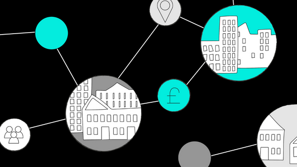 Abstract illustration of interconnected circles on a black background. Some circles contain simplified drawings of buildings, one shows a currency symbol, and another features a location marker, suggesting concepts of connectivity and economy.