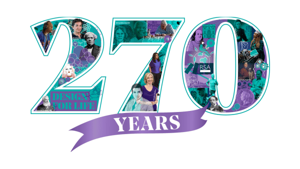 The image shows the number "270" filled with various portraits and designs. Below is a purple ribbon with the word "YEARS" and "DESIGNS FOR LIFE" inside the "2".