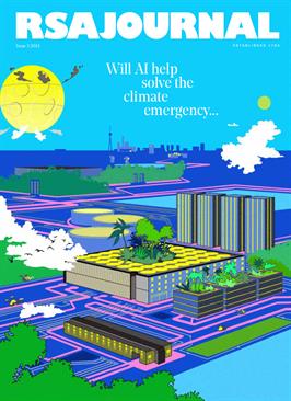 Futuristic illustration on journal cover depicting a cityscape with green roofs, solar panels, and interconnected infrastructure. Text asks, "Will AI help solve the climate emergency..." Bright, stylized colors dominate the design.