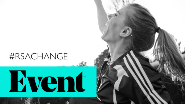 Black and white image of a person with long hair in a ponytail, wearing a striped jacket, raising their arm and cheering. Overlay text reads "#RSACHANGE Event." Trees are visible in the background.