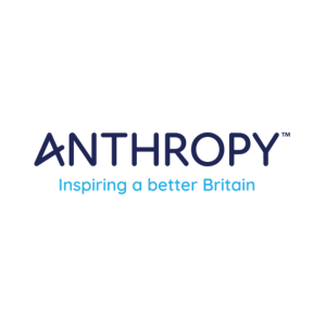 Logo with the word "Anthropy" in bold blue letters. Below, in lighter blue text, are the words "Inspiring a better Britain." The background is plain white.