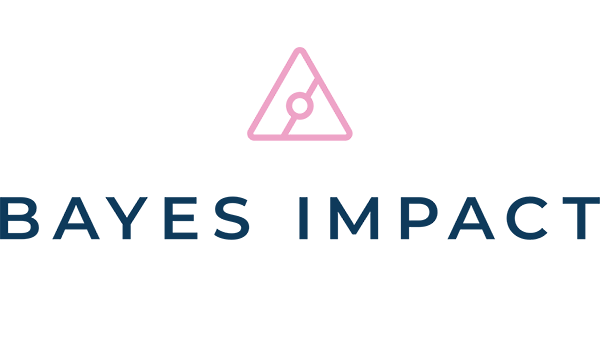 The image shows the Bayes Impact logo, featuring a pink outlined triangular shape with a circle inside, above the text "BAYES IMPACT" in bold, dark blue letters.