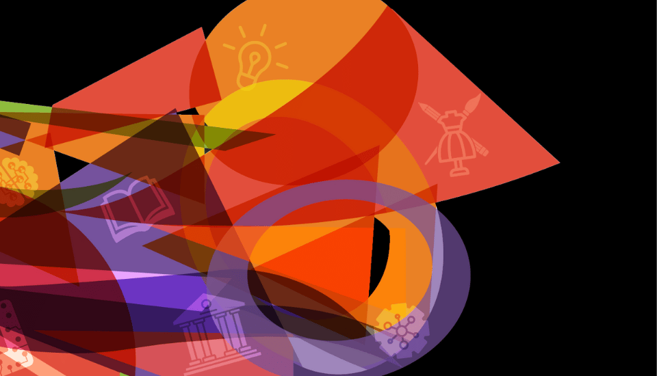 Abstract image with overlapping geometric shapes in red, orange, purple, and green on a black background. Symbols such as a light bulb, book, and gear are faintly visible within the shapes.
