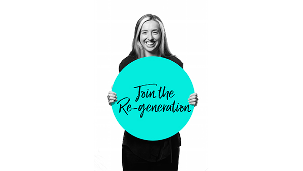 Woman smiling and holding a large turquoise circle with "Join the Re-generation" written on it in black script. The background is white.