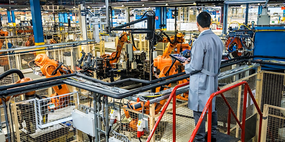 A person in a gray coat observes an automated factory floor with multiple robotic arms working on assembly tasks. The factory is well-lit, with various equipment and machinery in operation, surrounded by safety barriers.