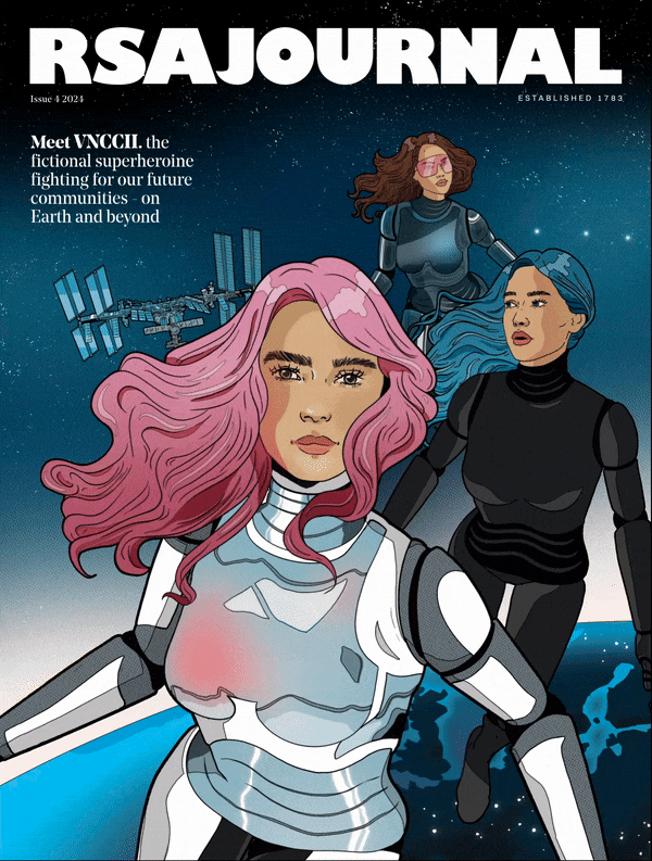 Illustrated cover of RSA Journal featuring three futuristic superheroines in space suits, floating above Earth. The central figure has pink hair, flanked by two others with blue and brown hair. A space station is visible in the background.