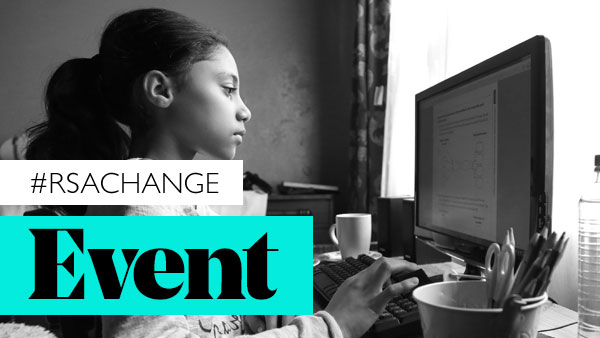 Black and white image of a person sitting at a desk, focused on a computer screen. A hashtag reads "#RSACHANGE" and "Event" is written boldly. A mug and stationery are on the desk.