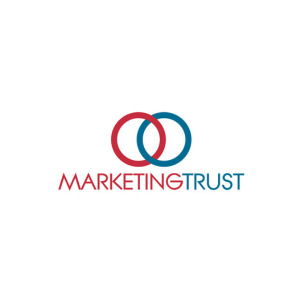 Logo with two interlocking rings, one red and one blue, above the text "MARKETINGTRUST" in a stylized font. "MARKETING" is in red, and "TRUST" is in blue. The background is white.
