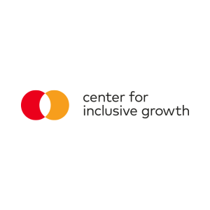 Logo featuring two overlapping circles, one red and one orange, representing "Mastercard." Next to the circles, the text reads "center for inclusive growth." The background is white.