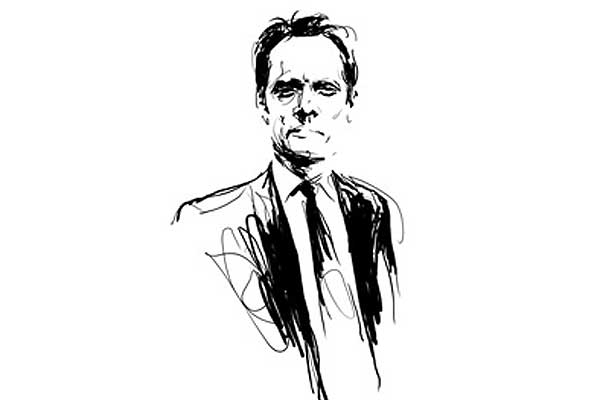 Black and white sketch of a man in a suit and tie. The illustration is minimalistic, with expressive lines forming the figure against a plain background.