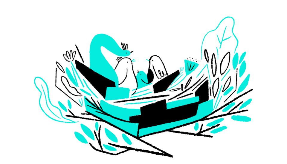 Illustration of three stylized birds sitting in a geometric nest. The design features bold black outlines with turquoise accents among white branches and abstract shapes.