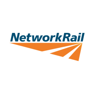 The image shows the Network Rail logo, featuring the words "Network Rail" in blue above an orange graphic that resembles train tracks on a white background.
