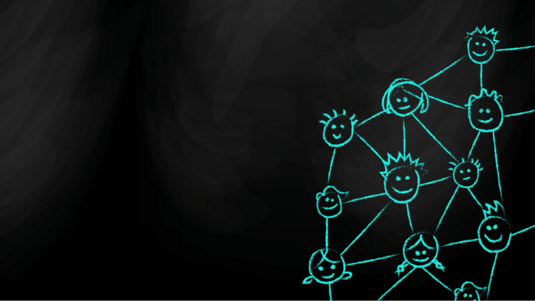 Chalk drawing on a blackboard depicting connected smiley faces with various hairstyles, symbolizing a network or community.